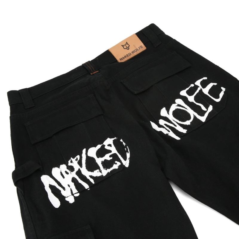 Men's Naked Wolfe Baggy Pocket Cargo Logo Pants Black | PHILIPPINES FKNJZRG43