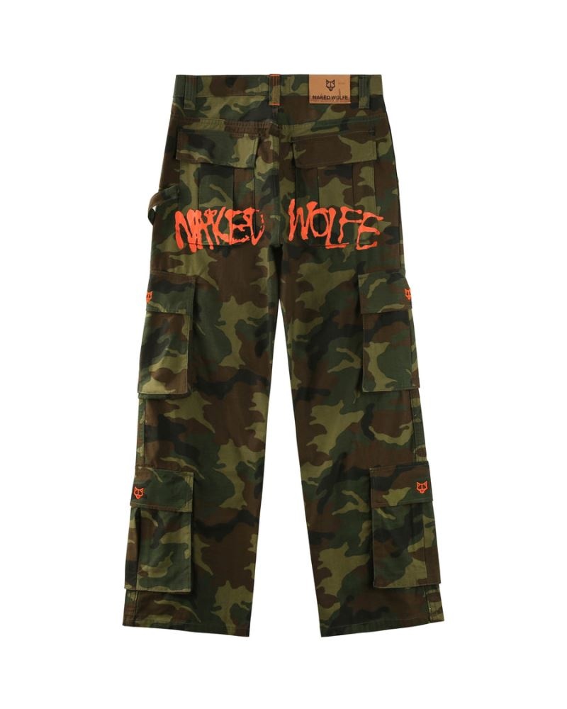 Men's Naked Wolfe Baggy Pocket Cargo Logo Pants Camo | PHILIPPINES RKUTGEY48