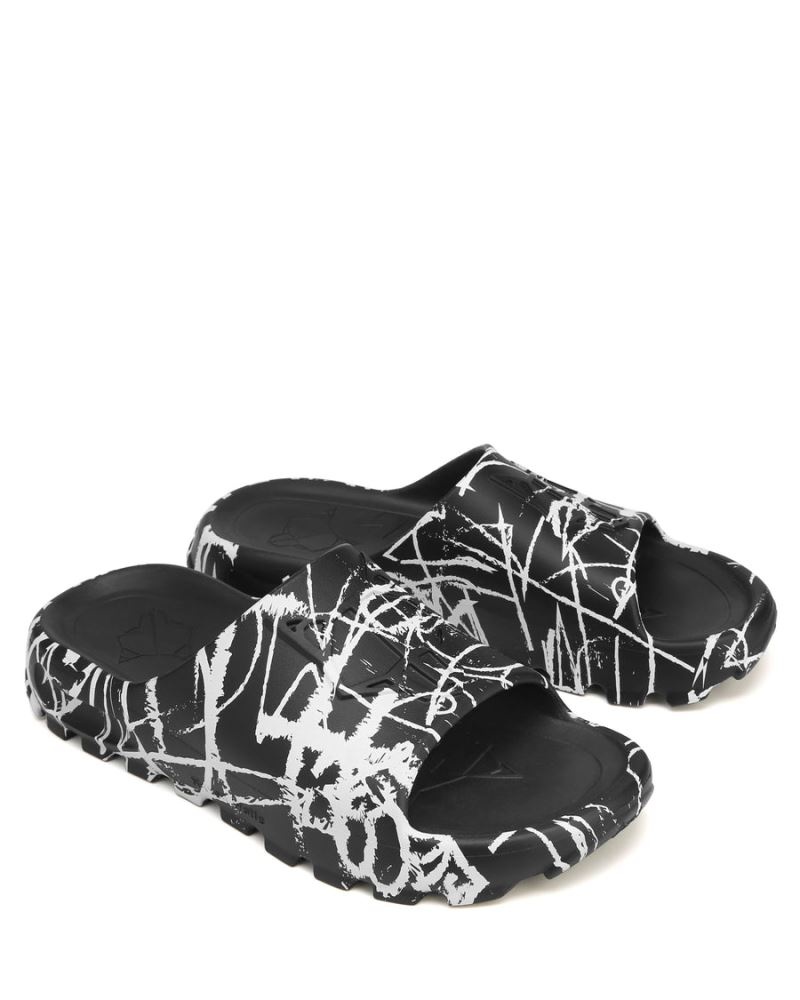 Men's Naked Wolfe Tommy Graffiti Slides Black / White | PHILIPPINES XRSYIOK14