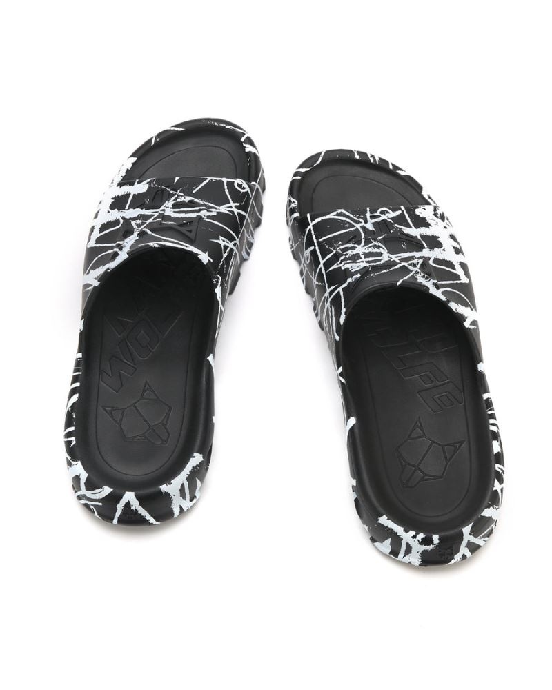 Men's Naked Wolfe Tommy Graffiti Slides Black / White | PHILIPPINES XRSYIOK14