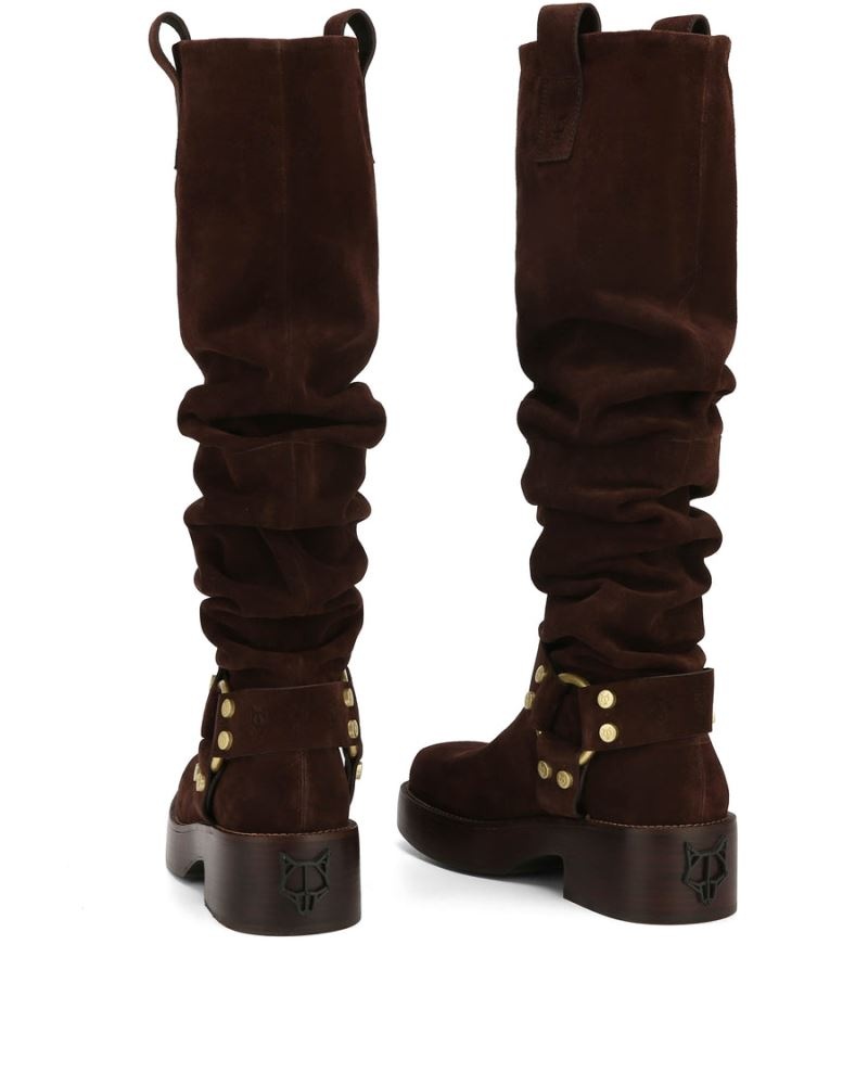 Women's Naked Wolfe Crook Suede Knee-high Boots Chocolate | PHILIPPINES APCMBKL09